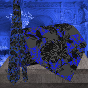 Gothic Electric Blue Damask Black Floral Wedding Tie