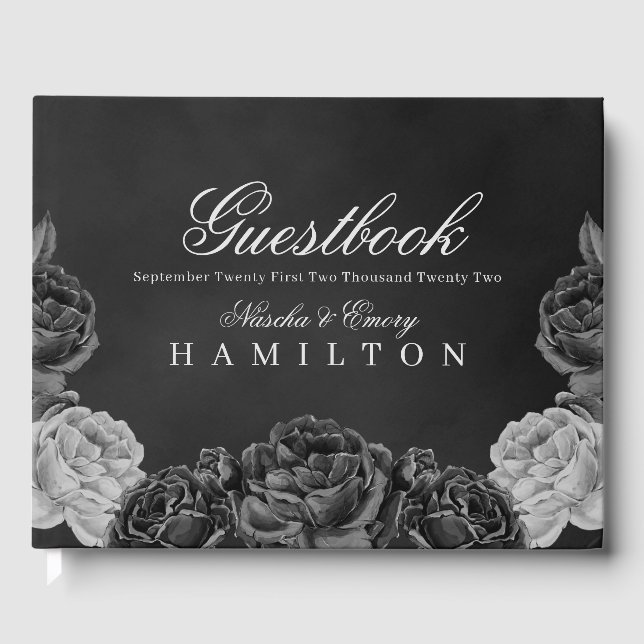 Gothic Elegance Grey Monochrome Rose Wedding Guest Book (Front)