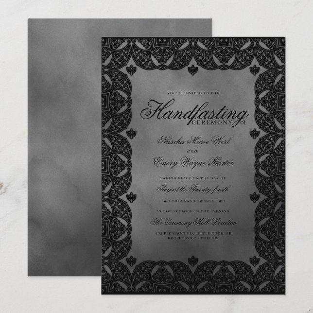 Gothic Elegance Mediaeval Black Lace Handasting Invitation (Front/Back)