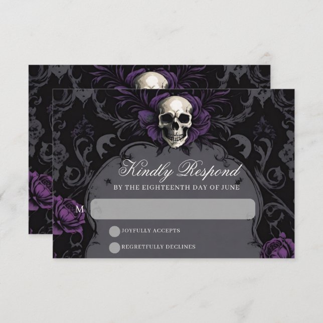 Gothic Elegance Purple Boho Skull Floral Wedding RSVP Card (Front/Back)