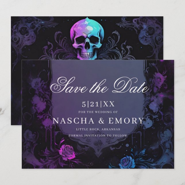 Gothic Elegance Purple Boho Skull Save The Date (Front/Back)