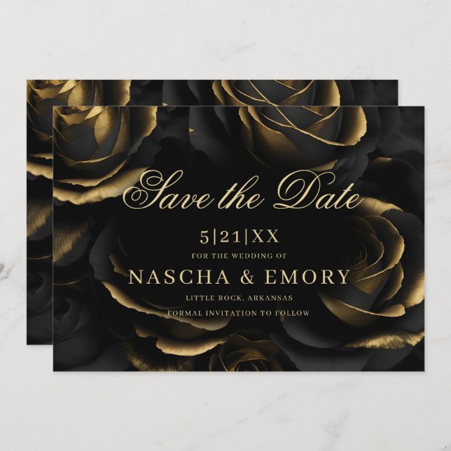 Gothic Elegant Black & Gold Roses Dark Wedding Save The Date (Front/Back)