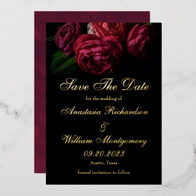 Gothic Elegant Floral Black Gold Save The Date (Front/Back)