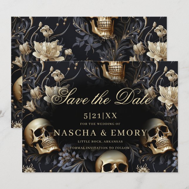Gothic Elegant Floral Skulls Gold Wedding Save The Date (Front/Back)