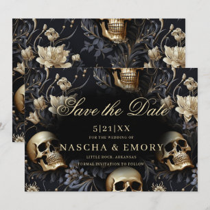 Gothic Elegant Floral Skulls Gold Wedding Save The Date