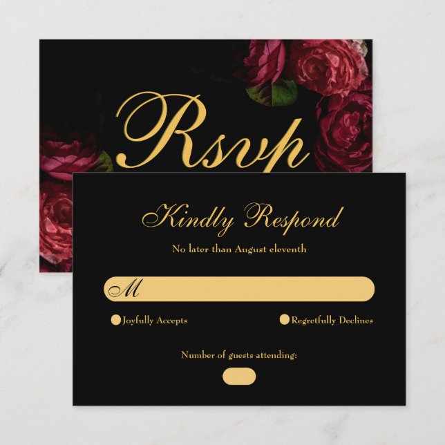 Gothic Elegant Rose Moody Floral Black Wedding  RSVP Card (Front/Back)