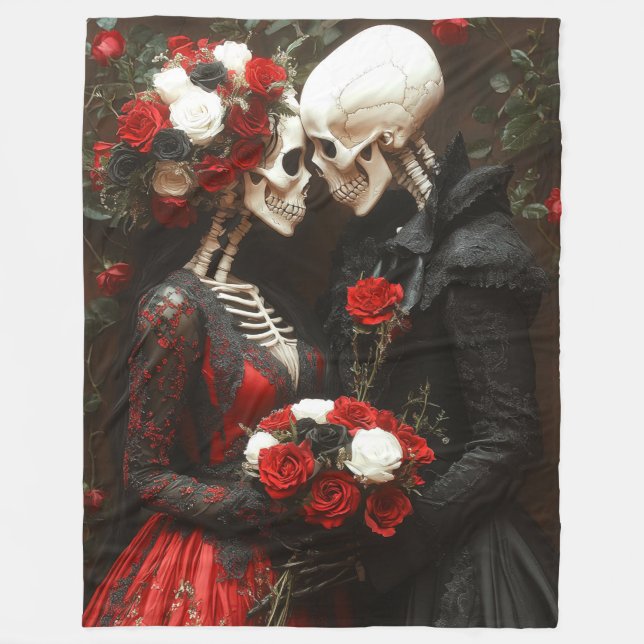Gothic Elegant Skeleton Bride & Groom Black & Red Fleece Blanket (Front)