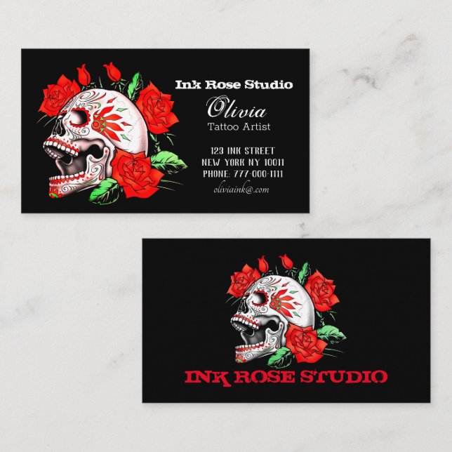 Gothic Elegant Skull And Red Roses Studio Business Business Card (Front/Back)