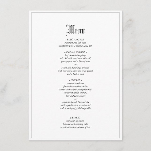 Gothic Elegant Wedding Dinner Menu With Border (Front)