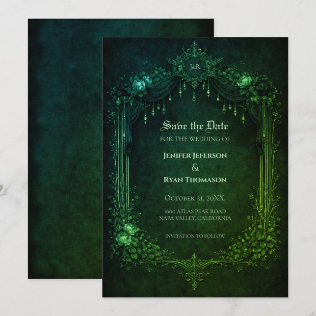 Gothic emerald wedding save the date invitation (Front/Back)