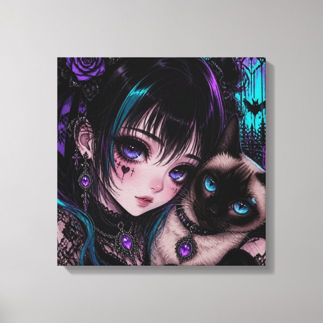 Gothic Emo | Anime Girl & Cat Canvas Print (Front)