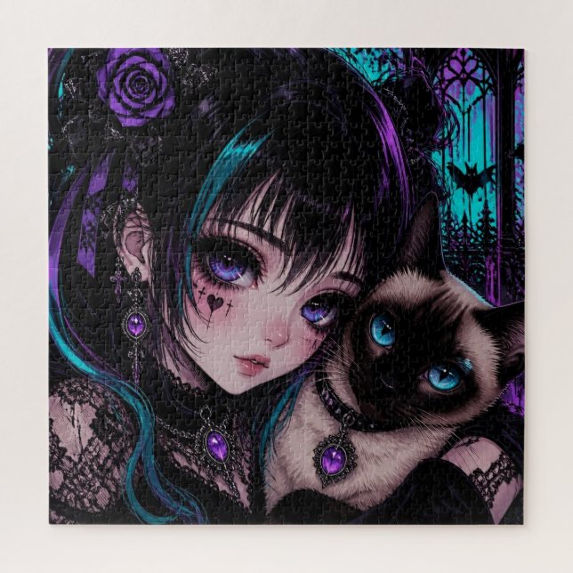 Gothic Emo | Anime Girl & Cat Jigsaw Puzzle (Vertical)