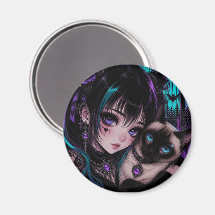 Gothic Emo Anime Girl & Cat Magnet