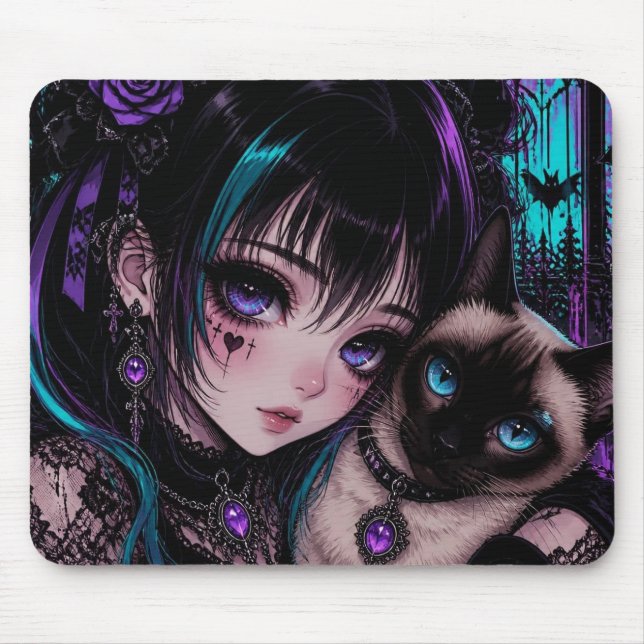 Gothic Emo | Anime Girl & Cat Mouse Mat (Front)