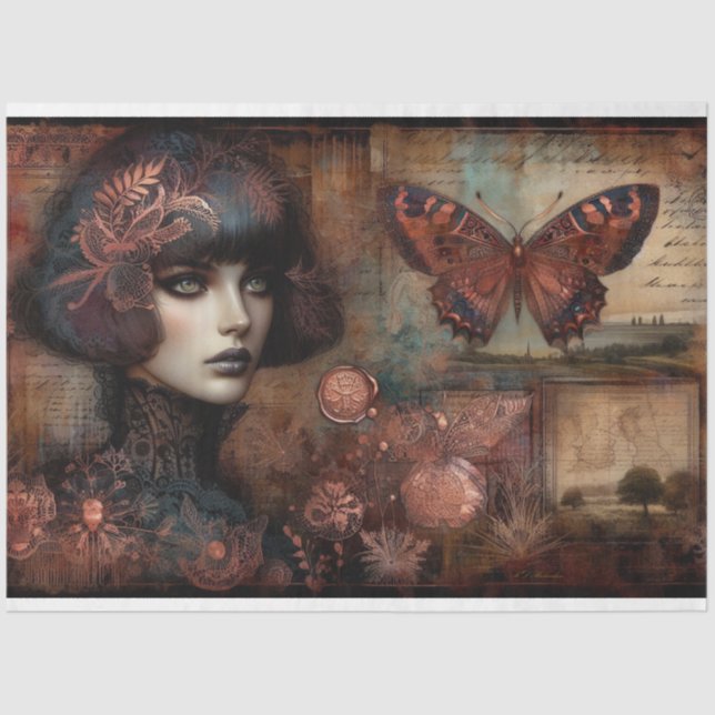 Gothic Ephemera Lace Butterfly Lady Decoupage  Tissue Paper (Front)