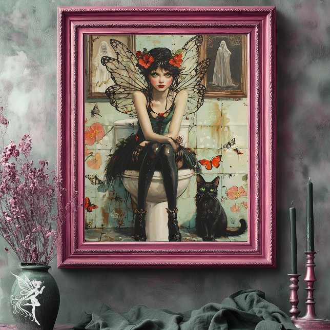 Gothic Fairy & Black Cat Quirky Halloween Art Poster (Creator Uploaded)