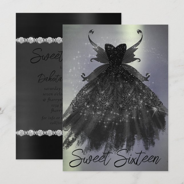 Gothic Fairy Black Gown | Vampy Goth Glam Sheen Invitation (Front/Back)