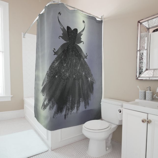 Gothic Fairy Black Gown | Vampy Goth Glam Sheen Shower Curtain (In Situ)