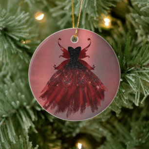 Gothic Fairy Crimson Gown   Deep Radiant Red Sheen Ceramic Tree Decoration