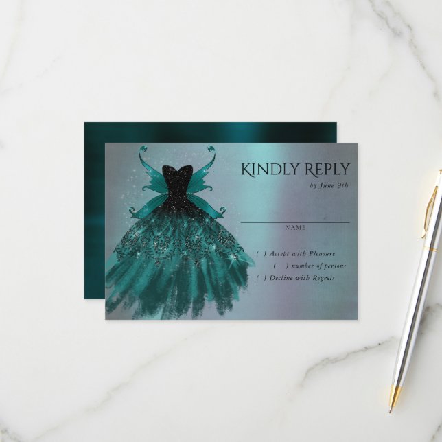 Gothic Fairy Gown | Fantasy Emerald Green Sheen RSVP Card (Front/Back In Situ)
