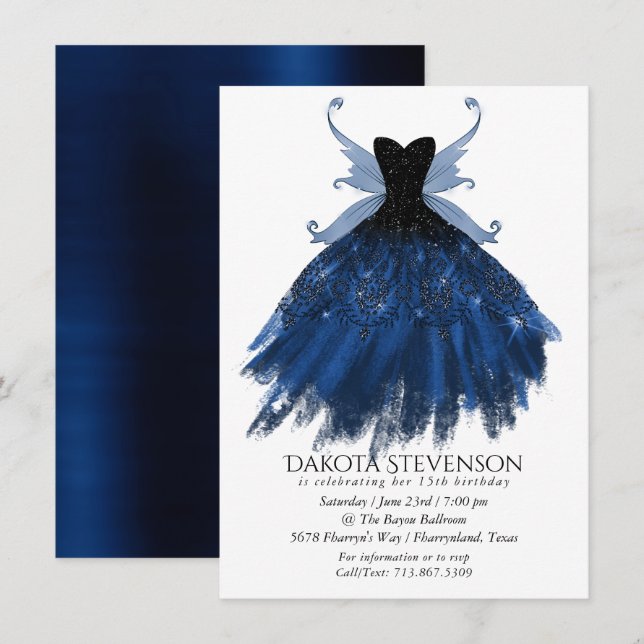 Gothic Fairy Navy Gown | Deep Cobalt Blue Sheen Invitation (Front/Back)