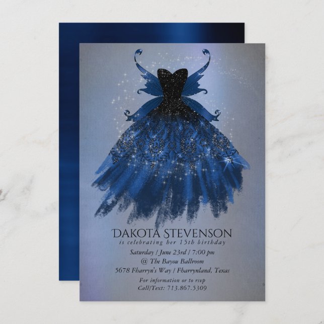 Gothic Fairy Navy Gown | Deep Cobalt Blue Sheen Invitation (Front/Back)