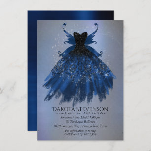 Gothic Fairy Navy Gown Deep Cobalt Blue Sheen Invitation