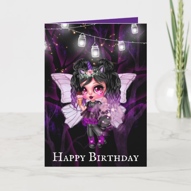 Gothic fairy purple string lights anime birthday card (Front)