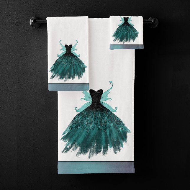 Gothic Fairy Teal Gown | Deep Midnight Green Sheen Bath Towel Set (Creator Uploaded)