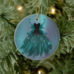 Gothic Fairy Teal Gown Deep Midnight Green Sheen Ceramic Tree Decoration