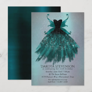 Gothic Fairy Teal Gown Deep Midnight Green Sheen Invitation
