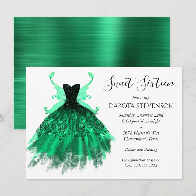Gothic Fairy Teal Gown | Deep Midnight Green Sheen Invitation (Front/Back)
