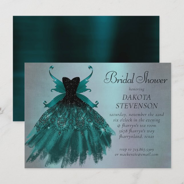 Gothic Fairy Teal Gown | Deep Midnight Green Sheen Invitation (Front/Back)