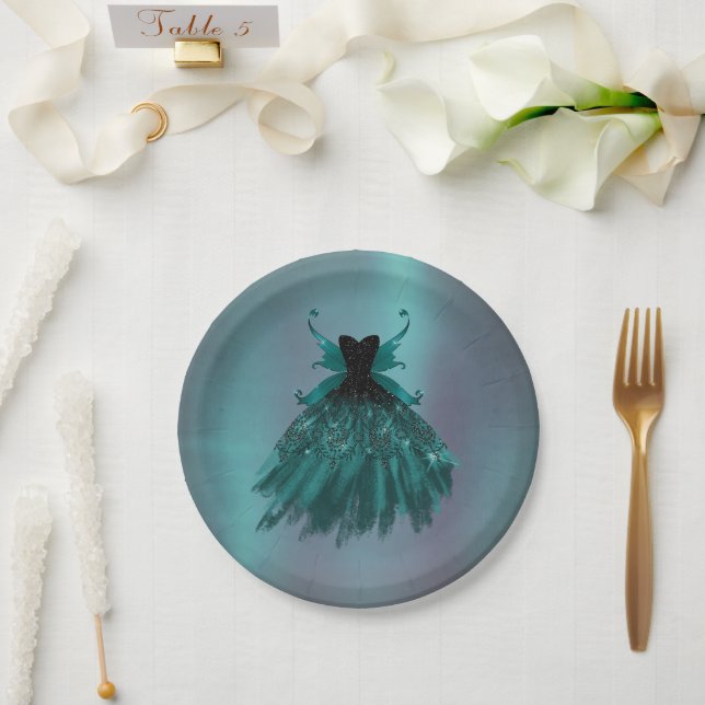 Gothic Fairy Teal Gown | Deep Midnight Green Sheen Paper Plate (Wedding)