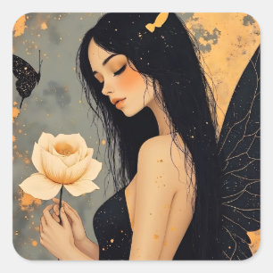 Gothic Fairy with White Wings and Rose Square Sticker