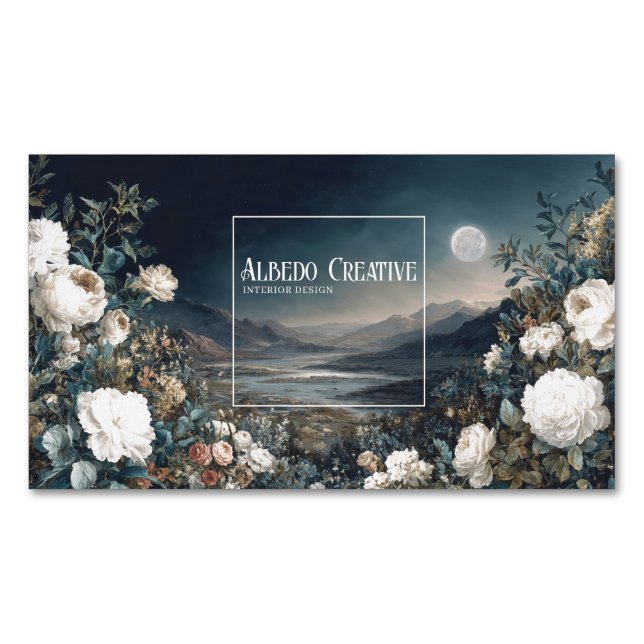 Gothic Fairytale Floral Mountain Moon Landscape Magnetic Business Card (Front)
