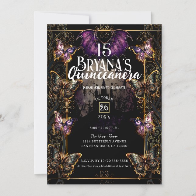 Gothic Fairytale Gold Butterfly & Bat Quinceañera  Invitation (Front)