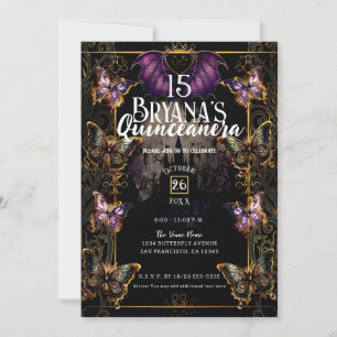 Gothic Fairytale Gold Butterfly & Bat Quinceañera  Invitation