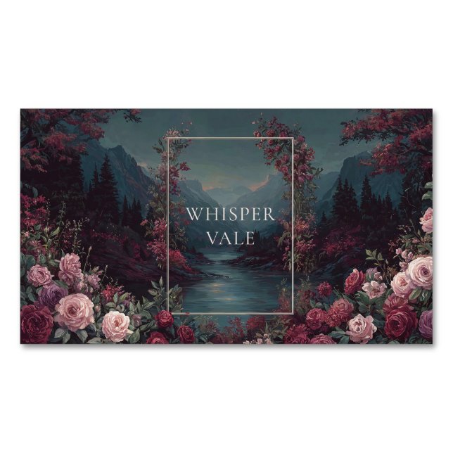 Gothic Fairytale Rose River Valley Night Landscape Magnetic Business Card (Front)