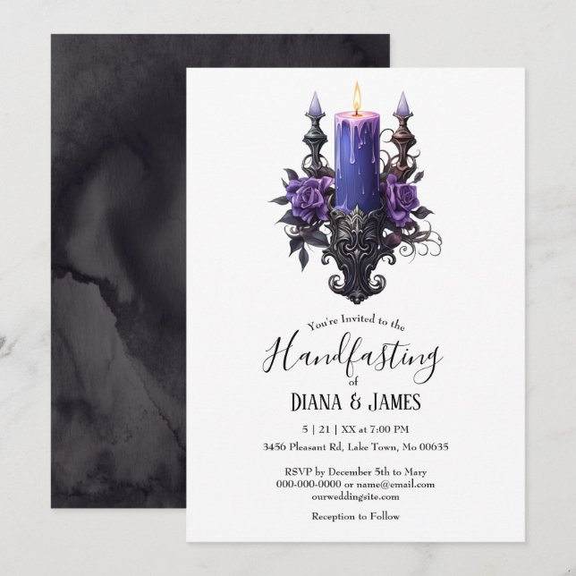 Gothic Fantasy Dark Purple Candelabra Handfasting Invitation (Front/Back)