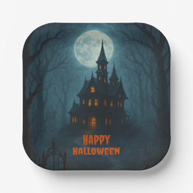 Gothic Fantasy | Haunted Castle & Misty Moonlight  Paper Plate (Front)