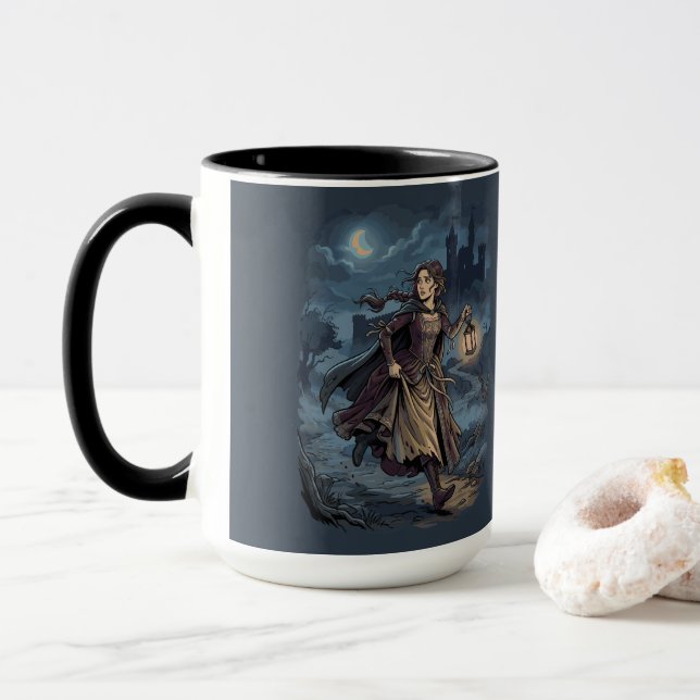 Gothic Fantasy Mediaeval Girl Lantern Castle Night Mug (With Donut)
