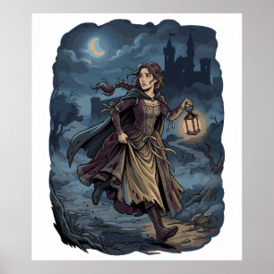 Gothic Fantasy Medieval Girl Lantern Castle Night Poster