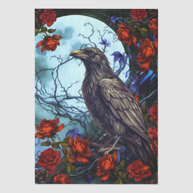 Gothic Fantasy Moon, Raven & Red Roses Decoupage  Tissue Paper (Front)