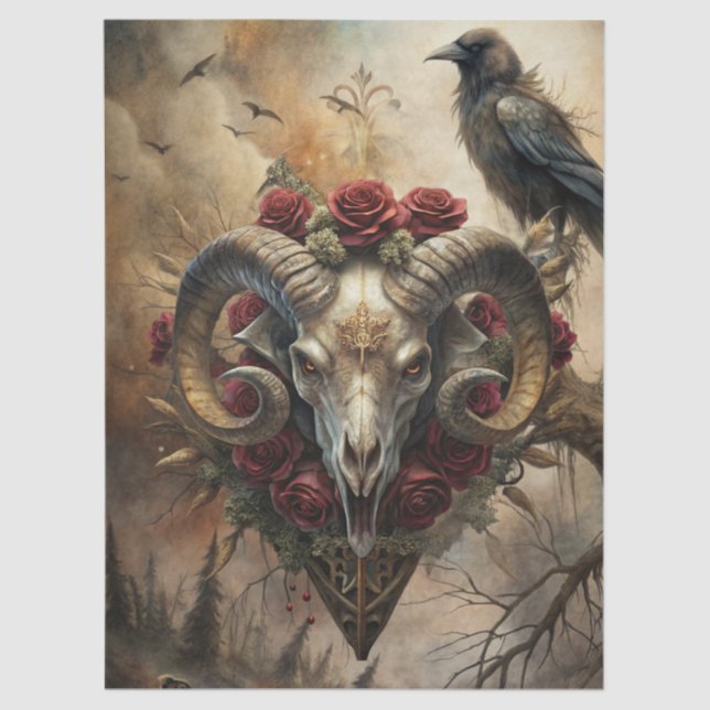 Gothic Fantasy Ram's Skull & Raven  Tissue Paper (Front)
