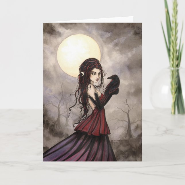 Gothic Fantasy Witch and Raven Wiccan Art Card (Front)