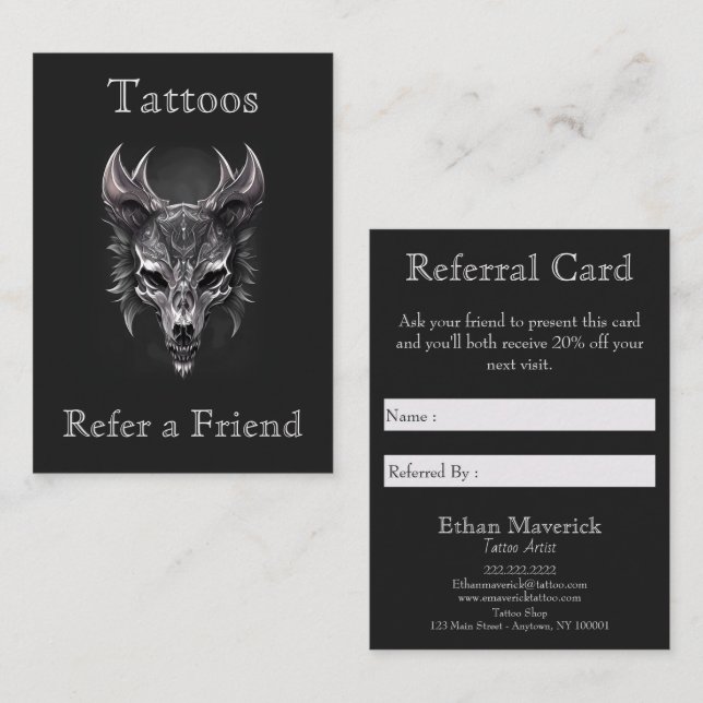 Gothic Fantasy Wolf Skull Black & Silver Referal Business Card (Front/Back)