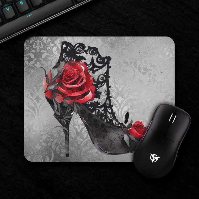 Gothic Fashion Red Roses Stiletto Bootie on Grunge Mouse Mat (Creator Uploaded)