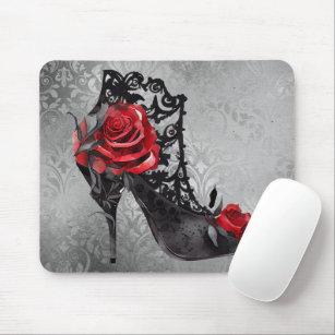 Gothic Fashion Red Roses Stiletto Bootie on Grunge Mouse Mat