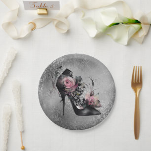 Gothic Fashion Stiletto Heel with Mauve Pink Roses Paper Plate